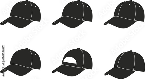 Baseball cap silhouette illustration collection, six different angles including front, side, and back adjustable view, headwear fashion accessory theme, vector art, black isolated bold design