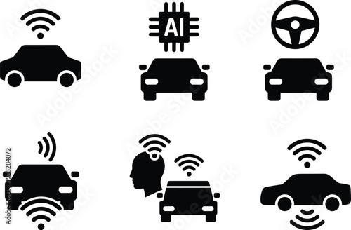 Autonomous driving icon set featuring self-driving car technology, artificial intelligence vehicle control, smart sensors, wireless connectivity, and advanced driver assistance 