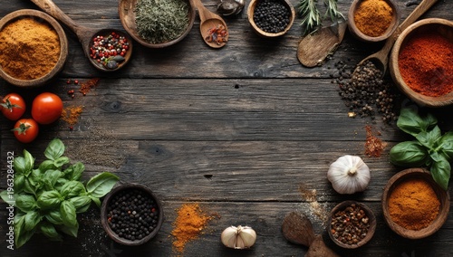 Rustic Wooden Tabletop Filled with Assorted Spices and Fresh Herbs.