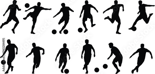 Dynamic black silhouettes of soccer players in various poses and actions with footballs on a white background