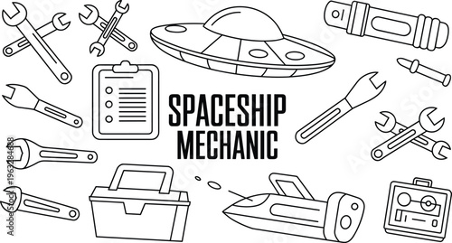 Hand drawn of spaceship mechanic tools and flying saucers with text wrenches spanners toolbox