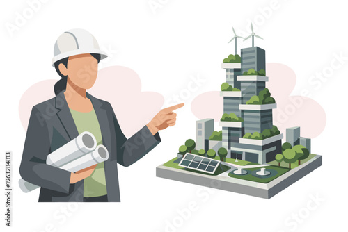 Female architect points to ecofriendly skyscraper with solar panels and wind turbines.