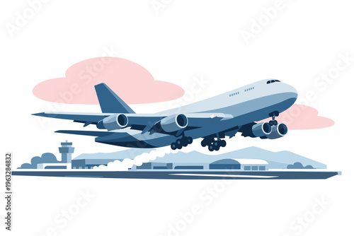 Large airplane taking off from airport runway with clouds.