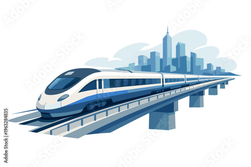 Modern high speed train traveling on elevated tracks with city skyline background.