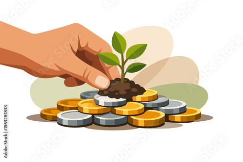 Hand planting small green plant on stack of coins representing financial growth.