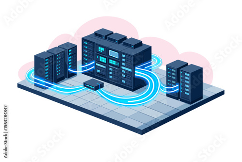 Modern server room with glowing blue network cables connecting equipment.