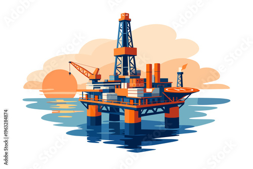Offshore oil rig platform in the ocean at sunset.