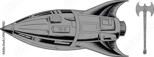 Retro science fiction rocket ship and a double-bladed battle axe rendered in a comic book style spaceship