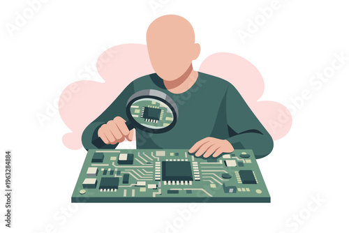 Technician examining computer motherboard with magnifying glass.