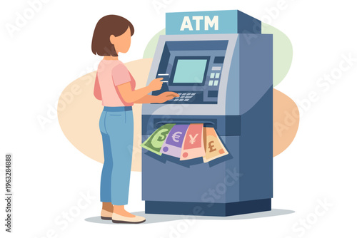 Woman Using ATM Machine for Cash Withdrawal Transaction.