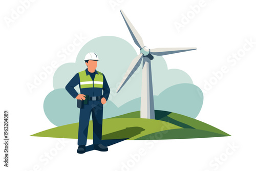 Wind Turbine Technician Standing Proudly Near Renewable Energy Source.