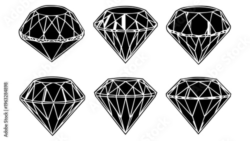 Vector set of six black brilliant cut diamond jewelry icons