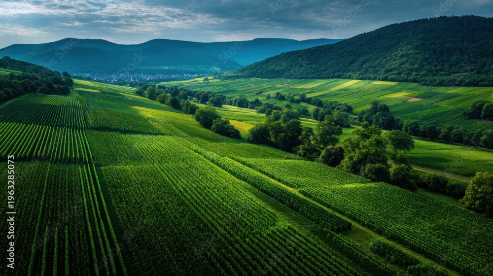Obraz premium Green agricultural landscape with hills and fields