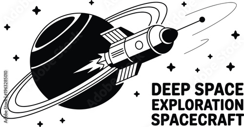 Retro style of a rocket ship orbiting a ringed planet with stars in deep space exploration spaceship