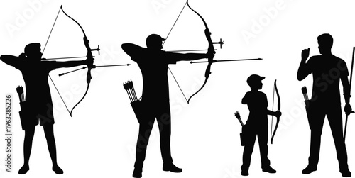 Silhouettes of archers of different ages and genders aiming bows and arrows in a target practice setting
