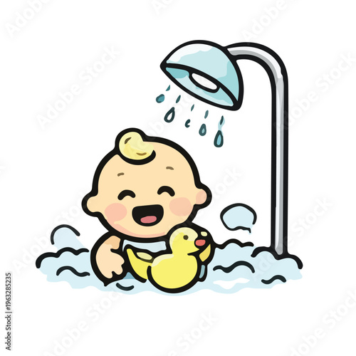 Cute hand drawn baby enjoying bath time in a bathtub with bubbles.