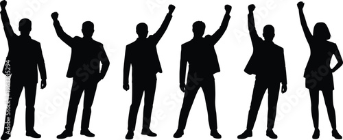 Silhouettes of diverse individuals raising their fists in a gesture of unity and triumph people group