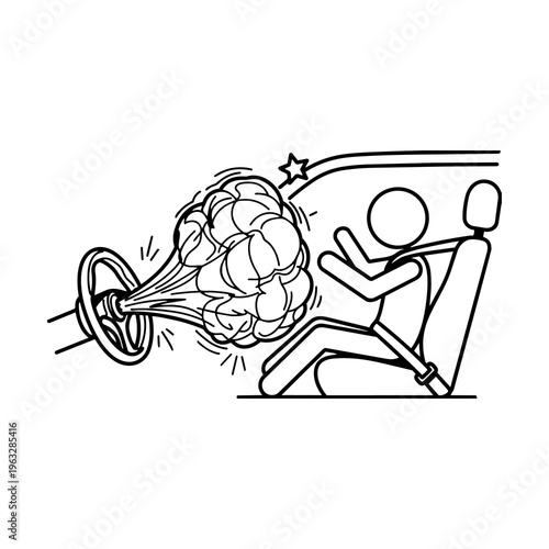 Car Safety Airbag Deployment and Driver Stick Figure Line Art Vector Icon 