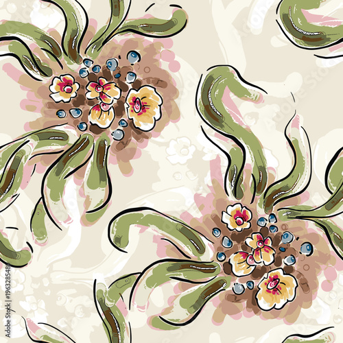 Abstract flower blooming design. Pattern with floral seamless. Grunge textured abstract art vector  with flower and plants in watercolor style.