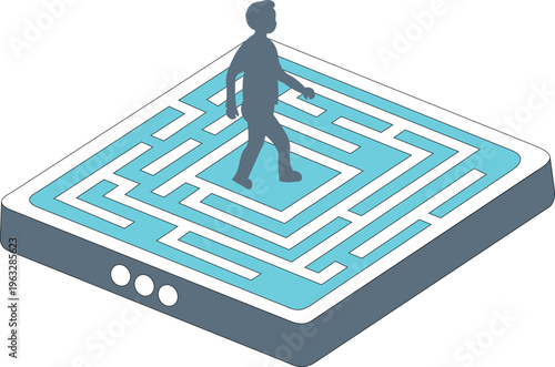 Isometric Concept of a Person Navigating a Digital Maze on a Tablet Screen Symbolizing Problem Solving and Strategic Thinking
