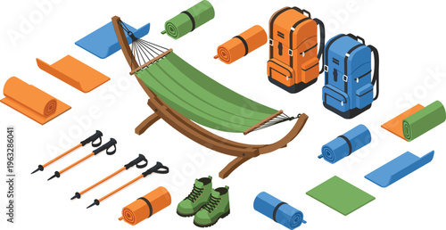 Camping gear, hammock, backpacks, sleeping mats, trekking poles, hiking boots, outdoor equipment, adventure tools, survival kit, travel essentials, camping lifestyle