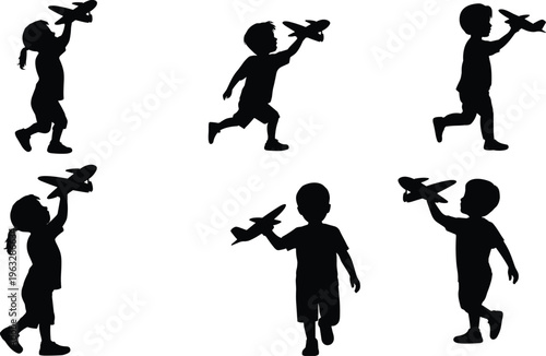 Children silhouette illustration collection, playful figures holding toy airplanes in dynamic poses of running, walking, and flying gestures, imagination theme, vector art, black isolated bold design