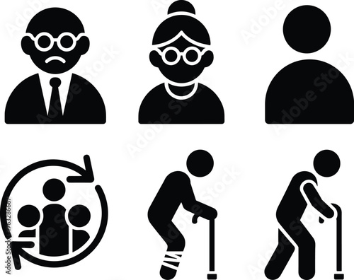 Black silhouette icon set representing elderly care and senior citizens featuring aging adults with glasses, a person using a walking cane, and community support.