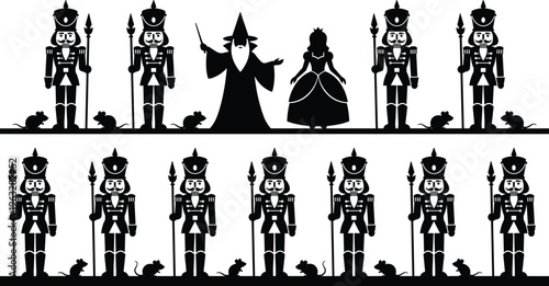 Nutcracker Ballet Silhouette Set Featuring Toy Soldiers Mouse King Guards Wizard Drosselmeyer and Princess Sugar Plum Fairy for Christmas Vector Design