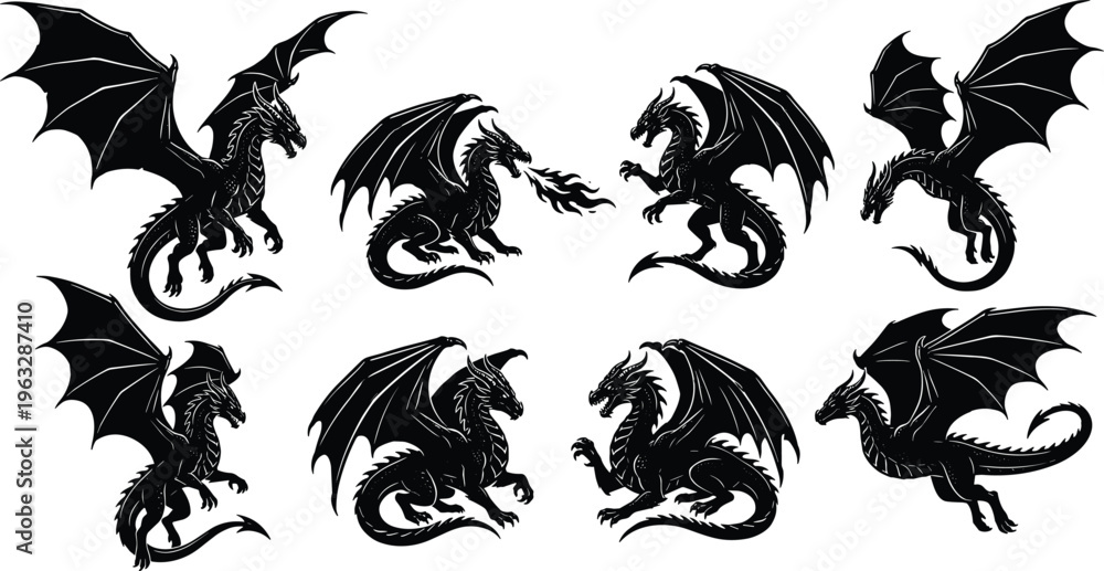 Fototapeta premium Set of black dragon silhouettes mythical creature icons flying fire breathing fantasy monsters tribal tattoo art vector illustrations on white background