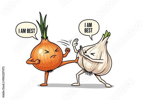 Onion and Garlic Competing for Best Flavor Cartoon Illustration