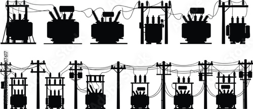 Silhouette vector illustration of electrical transformers and utility poles—power distribution infrastructure, voltage system, energy grid, substation layout, industrial network