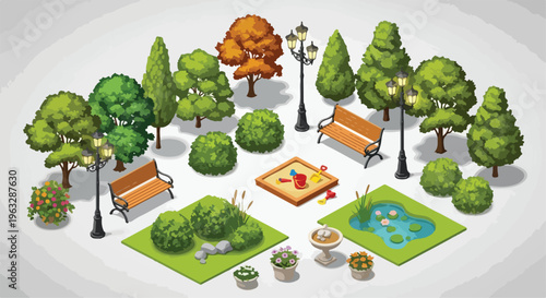 Isometric Park and Garden Elements Vector Set