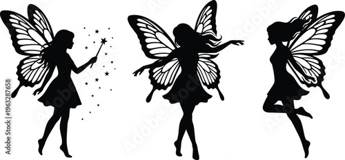Set of three black fairy silhouettes with butterfly wings and magic wand isolated on white background for mystical vector design