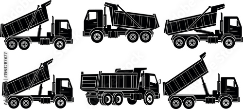 Dump truck silhouette collection isolated on white background, heavy construction transport vehicle vector set showing tipping positions for industrial 
