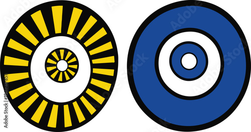 Geometric evil eye protection symbols, blue and yellow nazar amulet vector icons, spiritual mystical charms for luck and safety