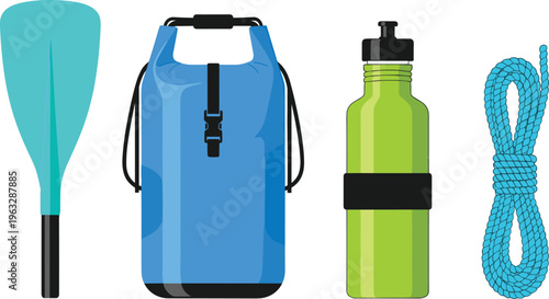 Kayak paddle, waterproof dry bag, water bottle, climbing rope, outdoor gear, camping equipment, adventure tools, survival kit, hiking essentials, water sports
