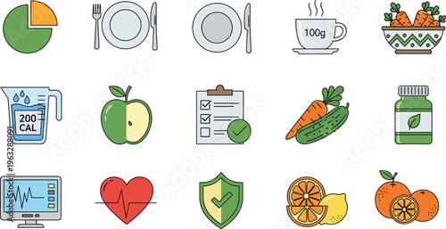 Health icons, nutrition symbols, wellness graphics, calorie tracking, vitamins, hydration, heart rate, healthy eating, supplements, fitness lifestyle, medical concept