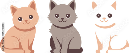 Three cute cartoon cats sitting together in a row on white background