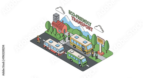 Isometric EcoFriendly Transport with Buses and People.