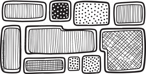 Hand drawn doodle frames with organic textures, black and white sketch border set, 10 decorative geometric shapes with dots and stripes