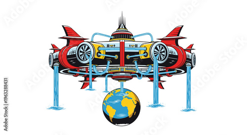 A bold retro-futuristic illustration depicts a complex flying machine with red fins and multiple turbines extracting water from a stylized Earth.