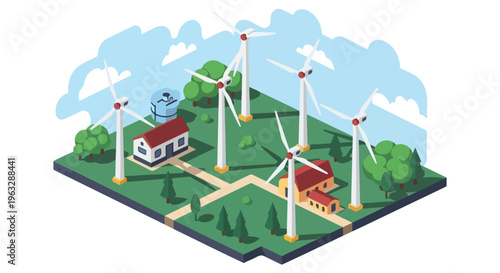 Isometric Wind Farm with Houses and Green Landscape.
