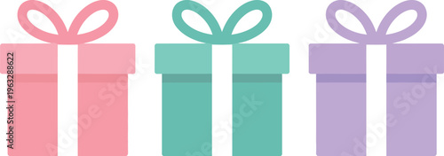 A colorful illustration of three gift boxes with ribbons in pink, teal, and purple