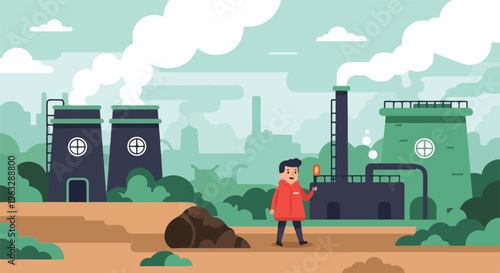 Man with a torch walking through an industrial landscape.