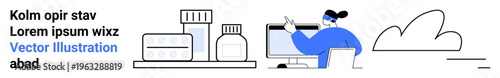 Healthcare, online pharmacy, telemedicine, e-prescription, medical research, medication services. A person at a desk working on a computer alongside medicine containers. Healthcare and online