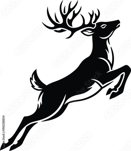 A black silhouette of a reindeer in mid leap against a white background