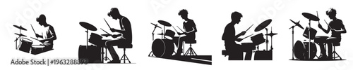 vector of young man playing drums in silhouette style