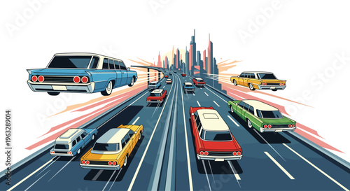 A retro-futuristic illustration portrays a bustling multi-lane highway filled with numerous flying cars in vintage styles, with a distant cityscape on the horizon.