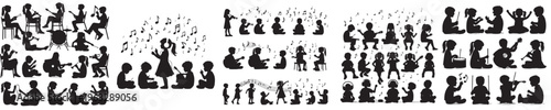 vector of little boy playing music in silhouette style