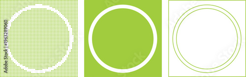 Three Abstract Circular Geometric Designs in Green and White circle pattern